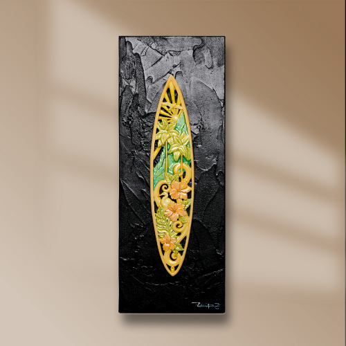  “Aina” tinted miniature surfboard sculpture — 1:50 limited edition art piece by Ruben Aria Jr. Hawaiiana series artwork inspired by ocean flow, tropical flowers, and island harmony. Hawaiian art, Hawaiian Scuplture, surf boards, surfing, surf art surf broad art