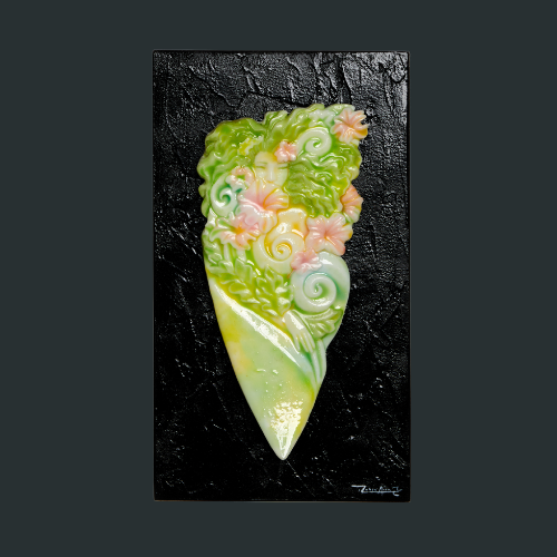 "Awaken" hand-painted miniature surfboard sculpture by Ruben Aira Jr. — Hawaiiana artwork symbolizing spiritual emergence, ocean energy, and island connection. Hawaiian Art, Hawaiian Sculpture, Surfboards, Surfing, Surf Art, Surfboard Art.