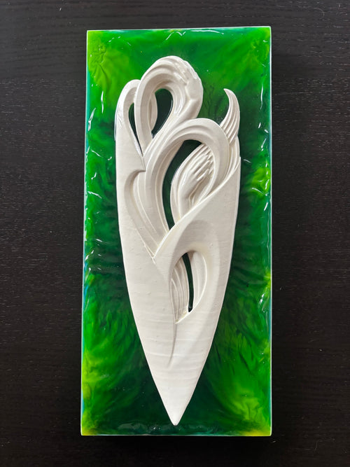 "EMERGE" Limited edition relic art piece crafted by art piece by Ruben Aria Jr.  Hawiian Carvings, Surf board art, Hawaii Art, spirit, inspiration, waves, mountains, relics, resin art, museum pieces.