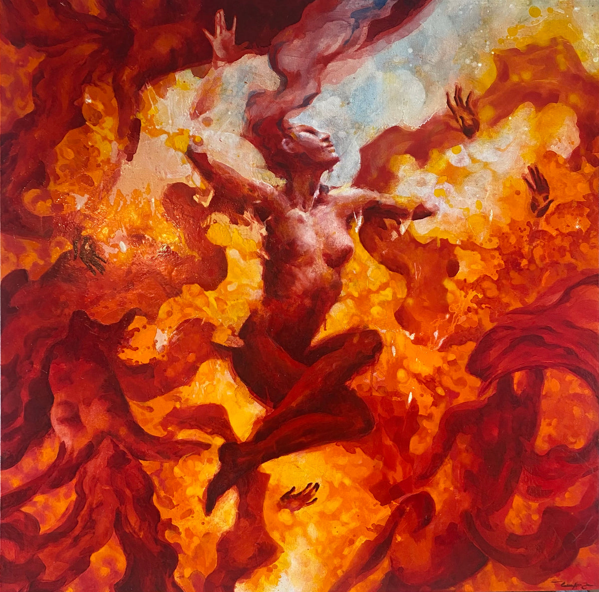 Heart of Venus by Ruben Aira Jr., 2024 oil painting on canvas featuring an emerging feminine figure surrounded by vivid red, orange, and fiery forms.