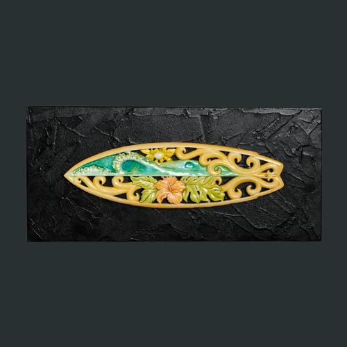  “Northshore” full surfboard carving — Hawaiiana series sculpture inspired by O‘ahu’s North Shore waves and surf heritage. 1:50 limited edition art piece by Ruben Aria Jr. Hawaiiana series artwork inspired by ocean flow, tropical flowers, and island harmony. Hawaiian art, Hawaiian Scuplture, surf boards, surfing, surf art surf broad art