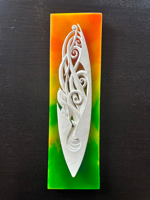 "Seaflower" tinted miniature surfboard sculpture – 1:50 limited edition art piece by Ruben Aira Jr. Hawaiiana series artwork inspired by ocean flow, tropical flowers, and island harmony.