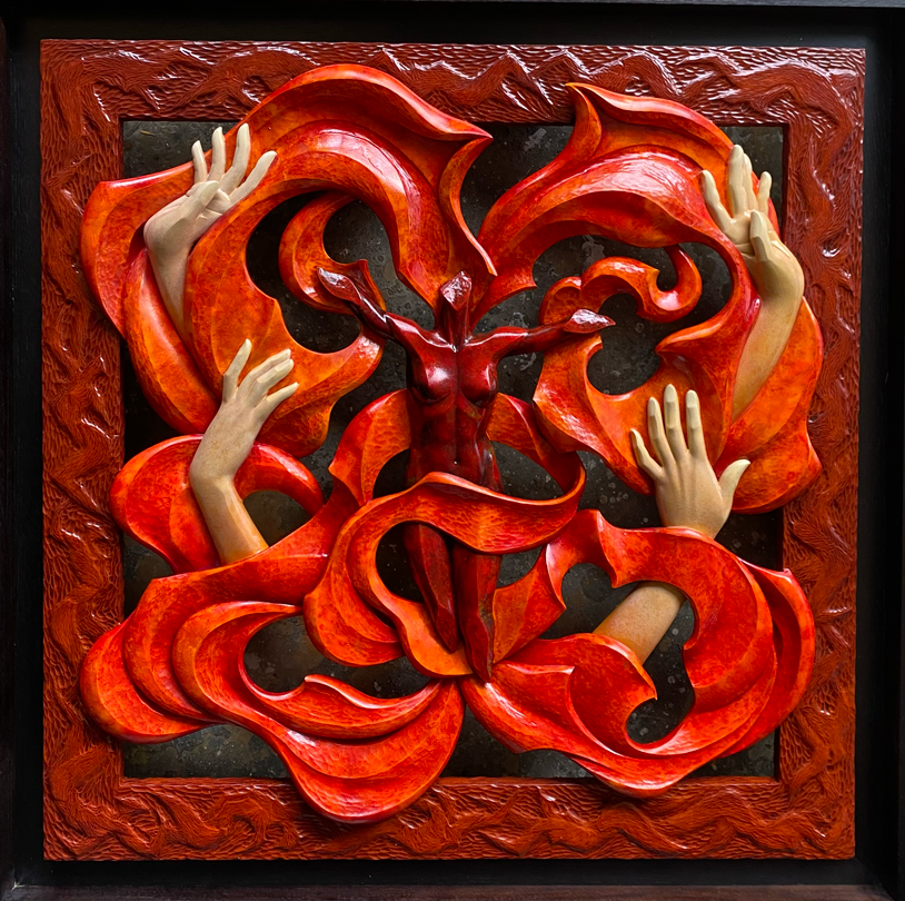 Crucible of Venus sculptural relief by Ruben Aira Jr., depicting a winged goddess rising through flames and clouds.