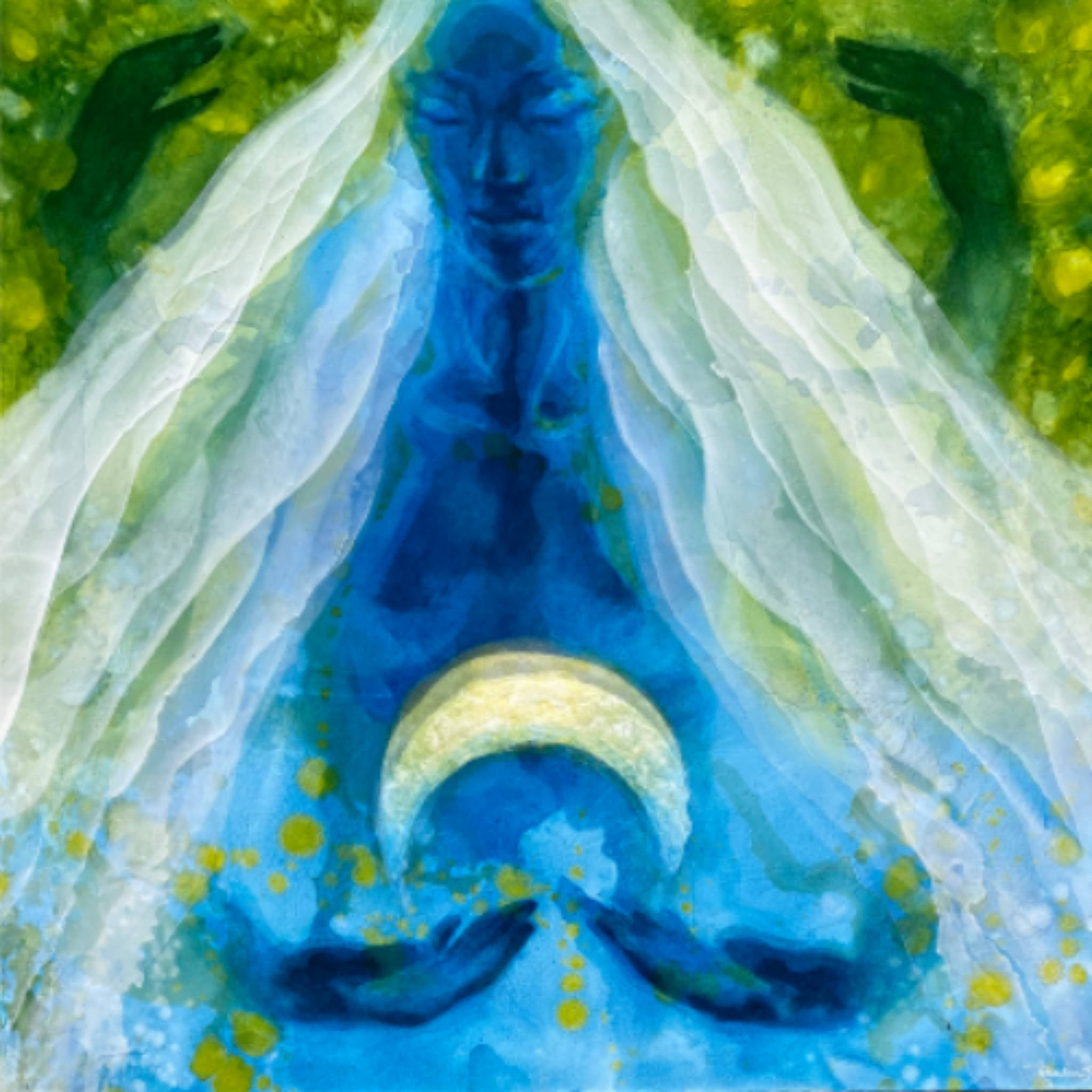 A Place Within by Ruben Aira Jr., an oil painting on canvas featuring a blue feminine figure surrounded by luminous white and green veil-like forms.