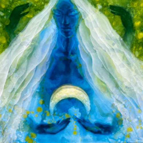 A Place Within by Ruben Aira Jr., an oil painting on canvas featuring a blue feminine figure surrounded by luminous white and green veil-like forms.