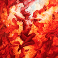 Heart of Venus by Ruben Aira Jr., an oil painting on canvas with fiery red, orange, and gold tones featuring a mythic feminine figure rising through light and movement.