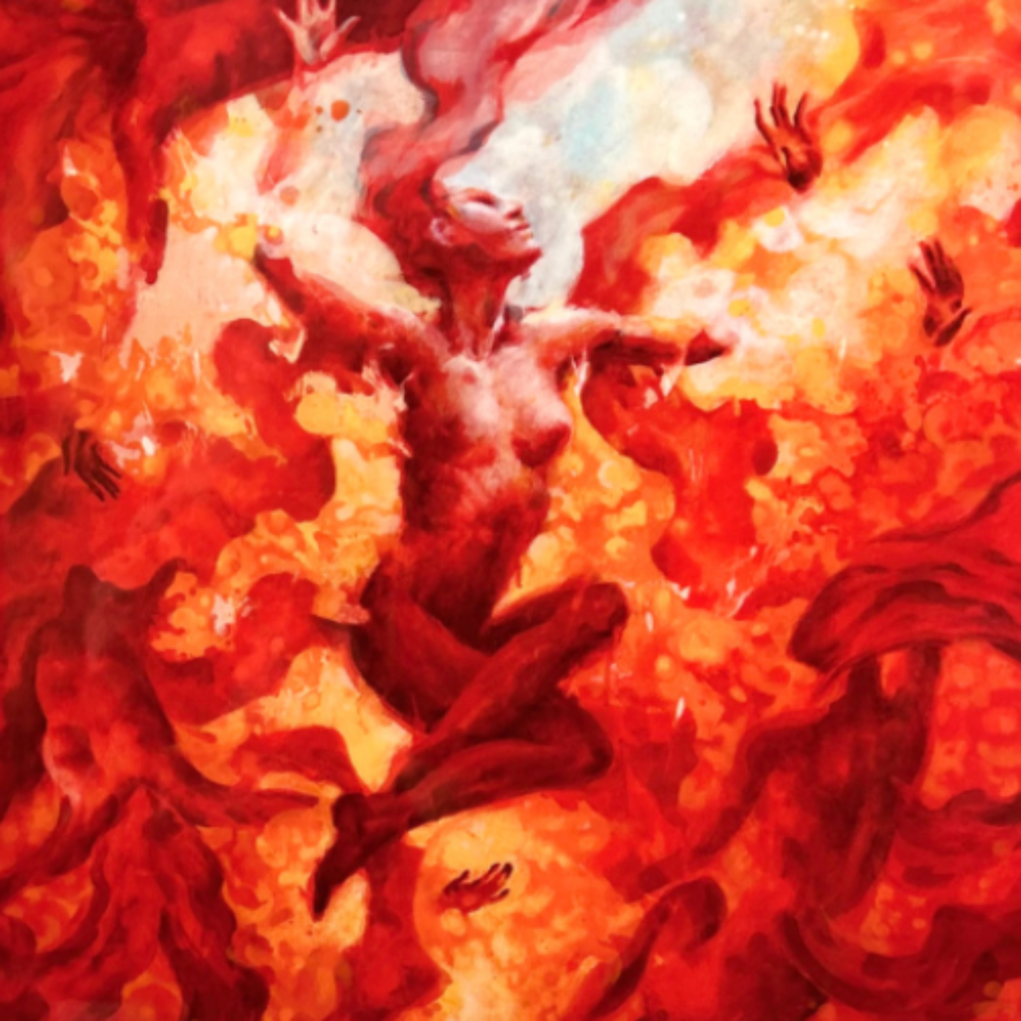 Heart of Venus by Ruben Aira Jr., an oil painting on canvas with fiery red, orange, and gold tones featuring a mythic feminine figure rising through light and movement.