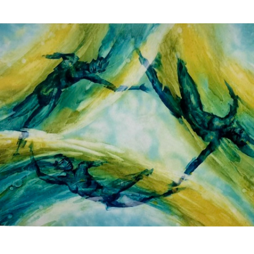 Lokahi by Ruben Aira Jr., an oil painting on canvas with flowing blue, green, yellow, and white abstract forms suggesting harmony and movement.