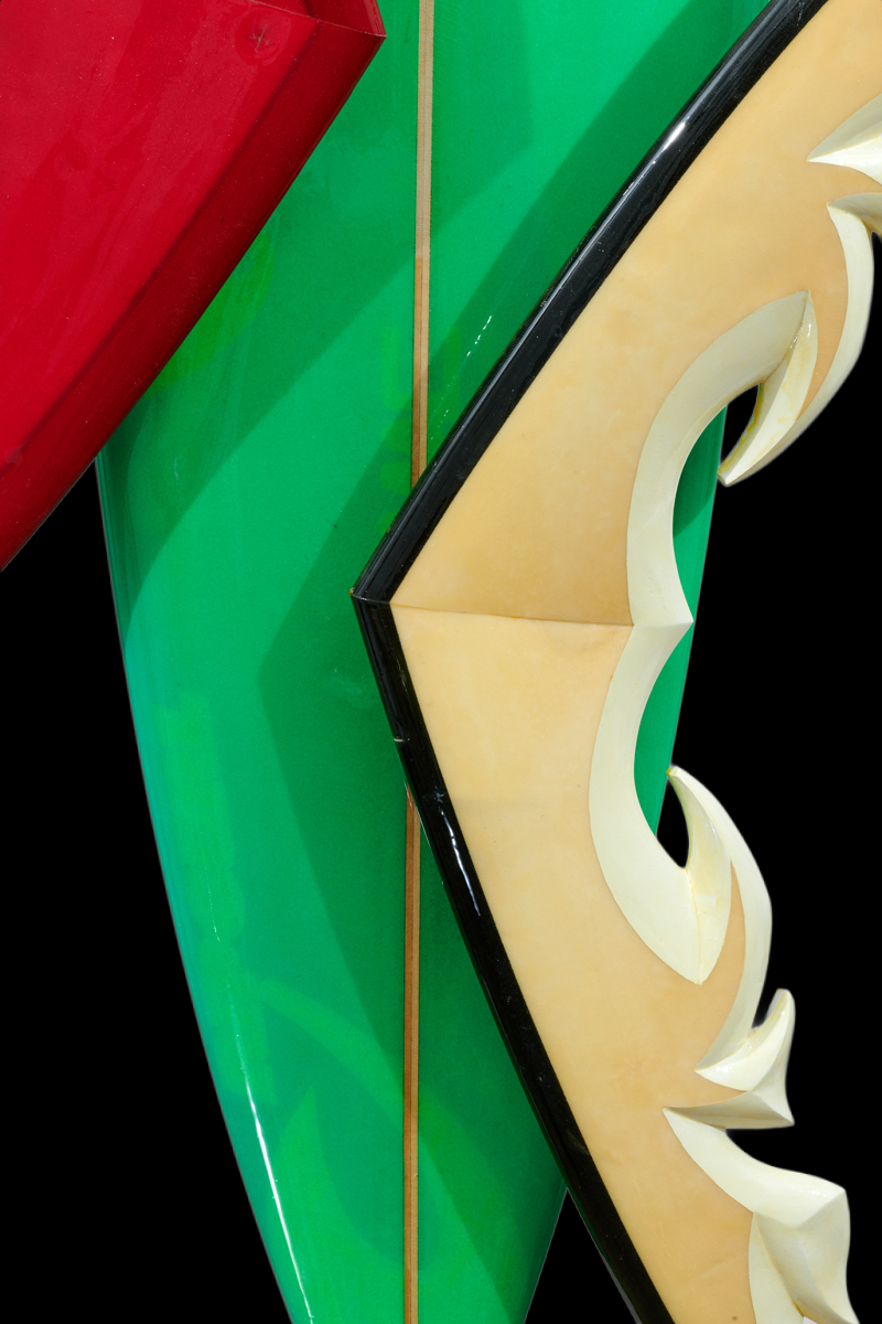 Hawaiian artist Ruben Aira Jr.'s "Ohe" a Hand carved art sculpture Made from reclaimed surfboards.