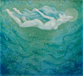Sea Dreams by Ruben Aira Jr., a sculpted figure painting on wood with oil paint featuring a floating feminine figure in oceanic blue and green tones.