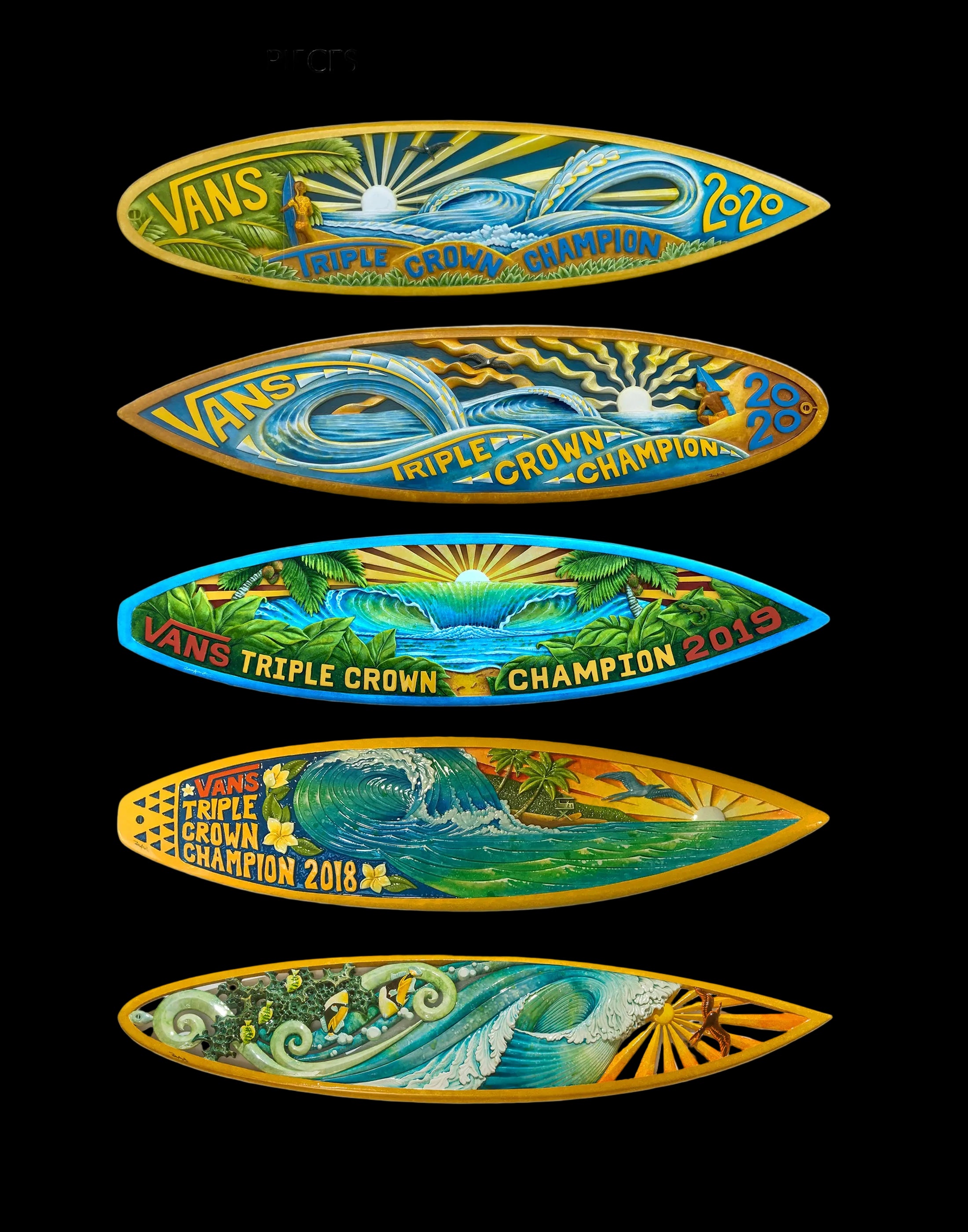 Five colorful Vans Triple Crown Trophies from 2017 to 2020.